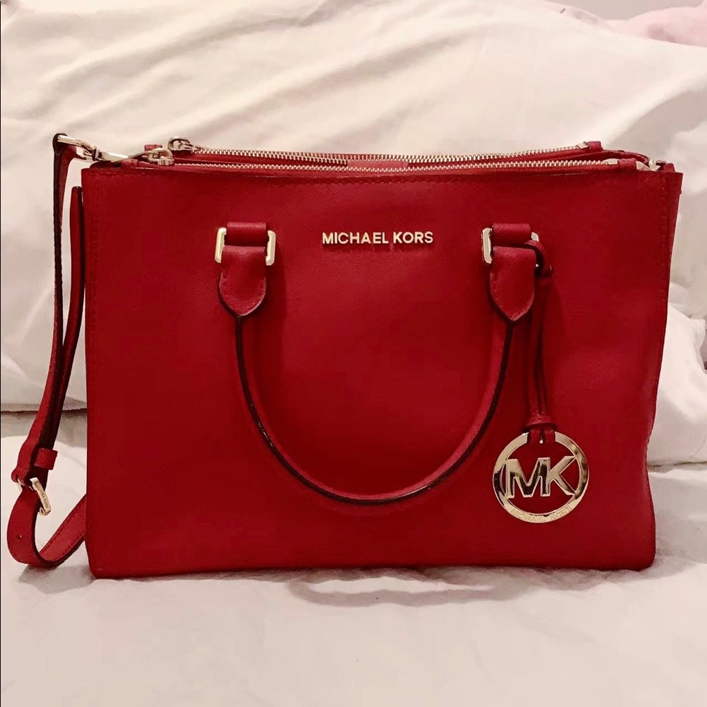 Michael Kors Red Sutton Pebbled Leather Crossbody Purse with Handles